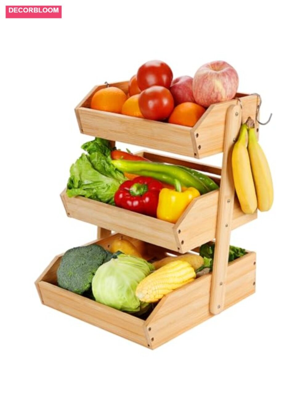 3 Tier Bamboo Fruit Basket with 2 Banana Hangers Kitchen Counter Storage